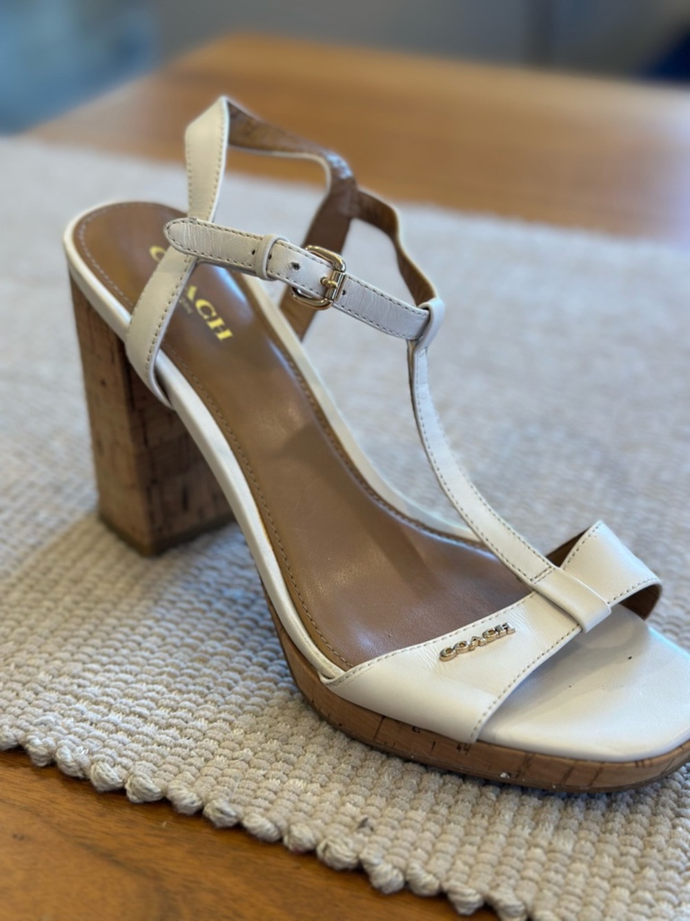 Coach Cream Leather Cork Block Heel Sandal